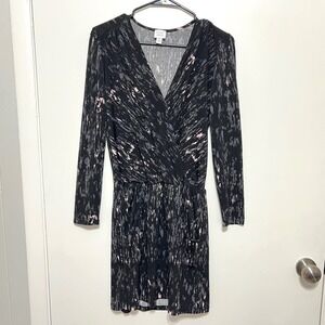 Peyton Jensen Womens Black Abstract Long Sleeve Faux Wrap Dress XS Pockets